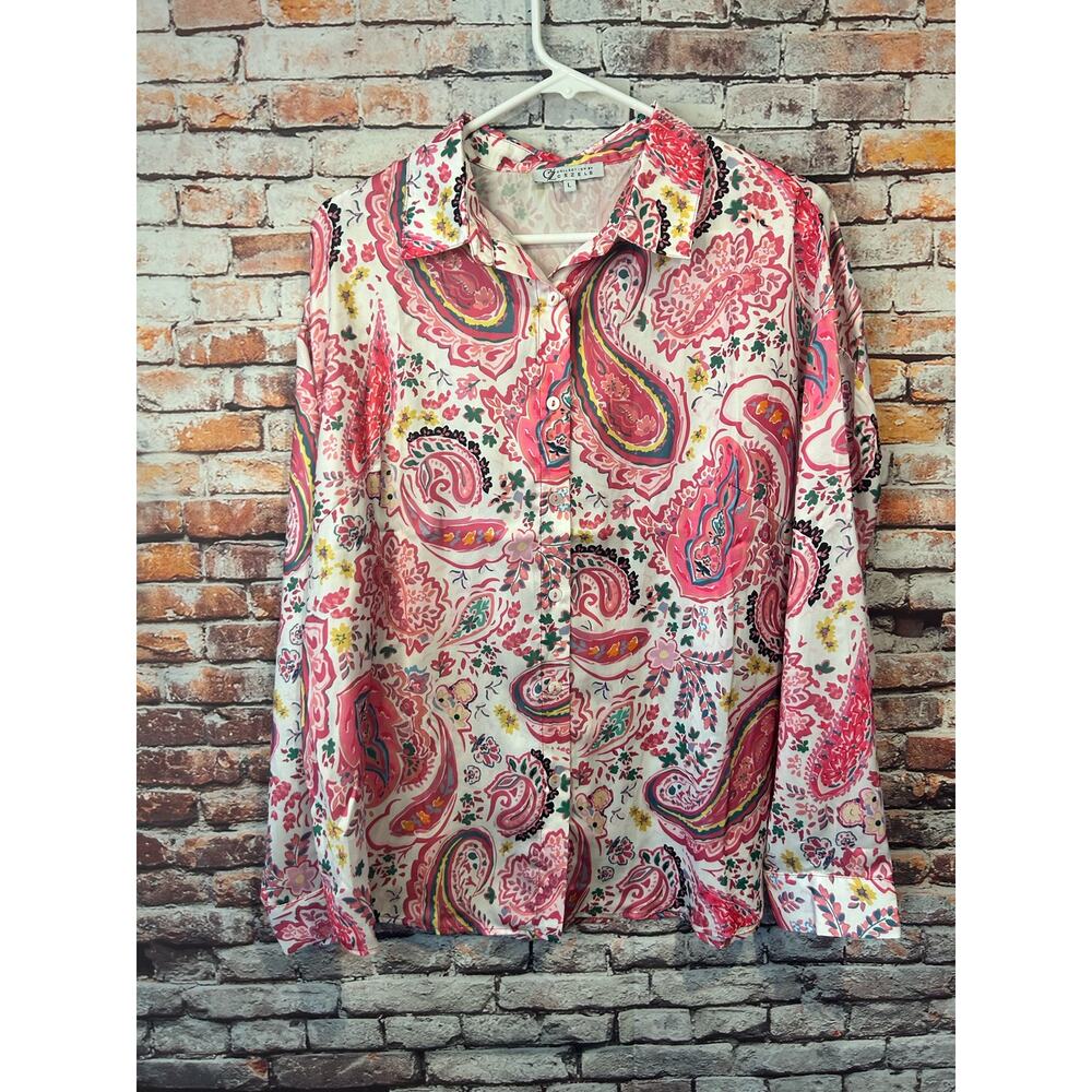 collection by cezele pink paisley satin long sleeve shirt top women's size large
